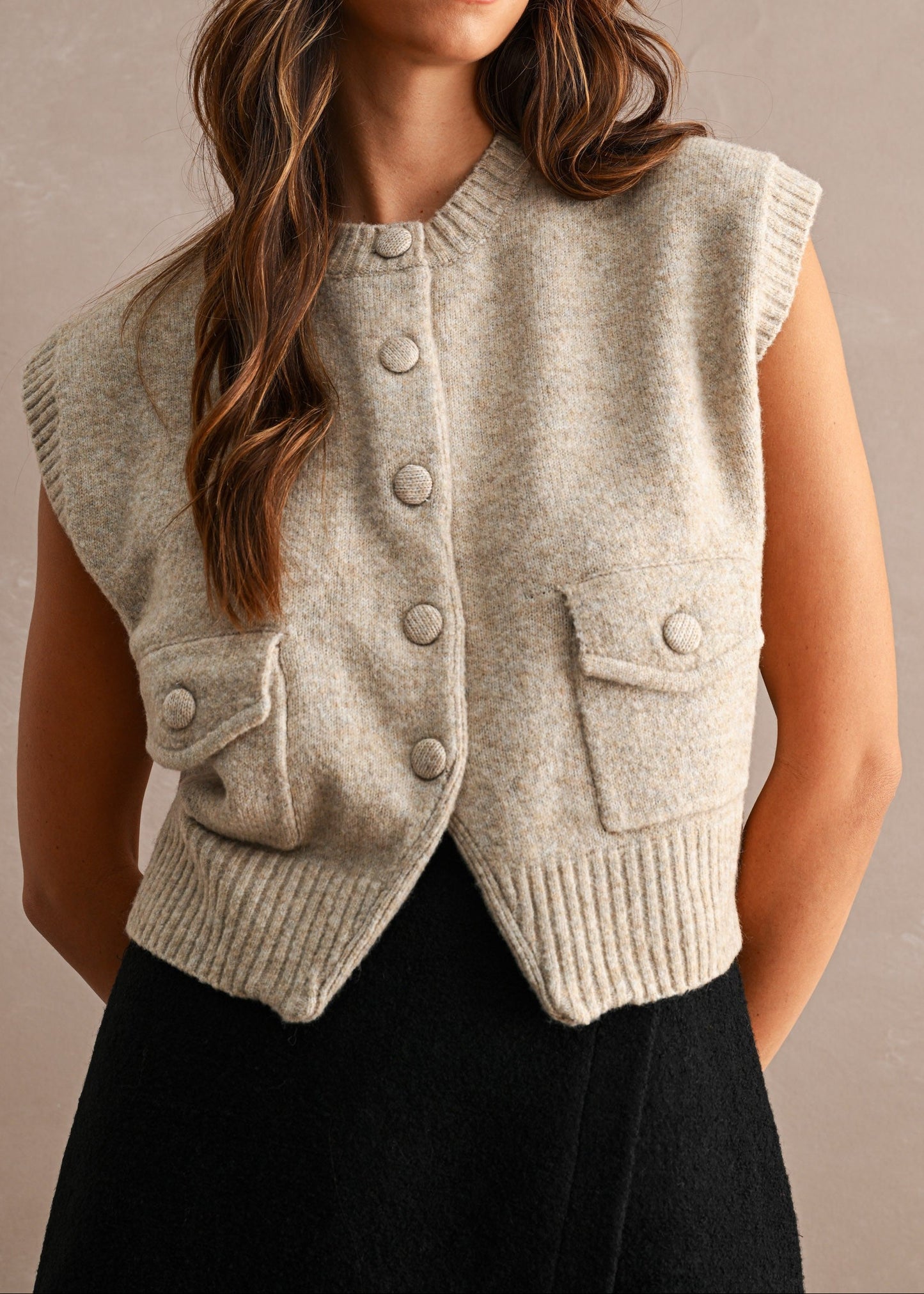 light mocha Sleeveless Knit Button Down Sweater Vest