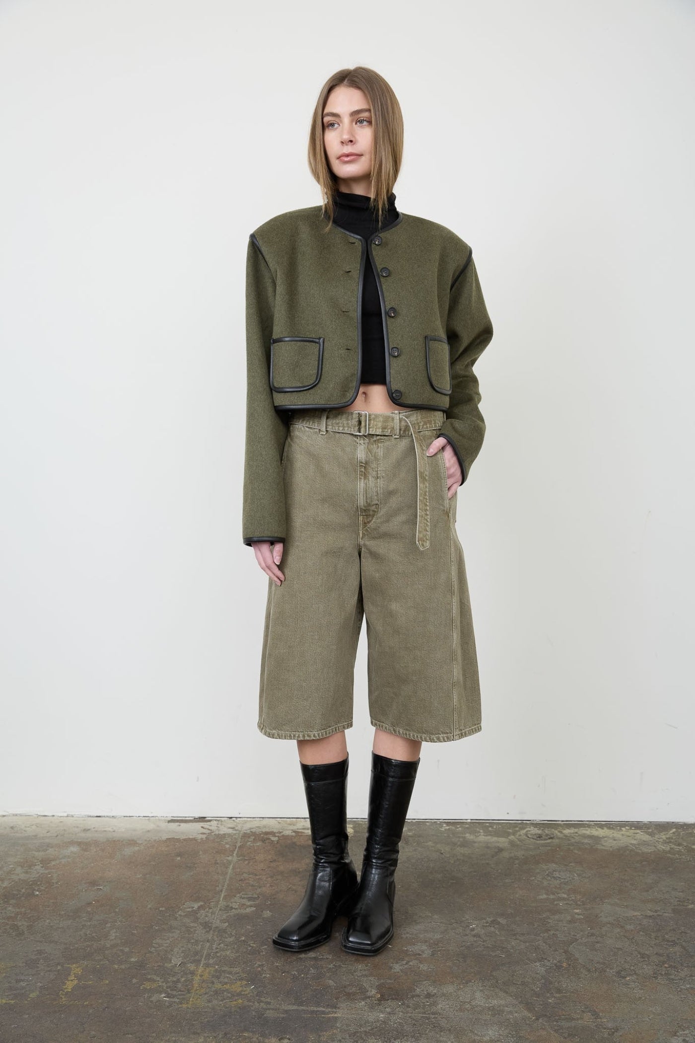 MOONRIVER FAUX LEATHER TRIM BUTTON-DOWN WOOL BLEND JACKET