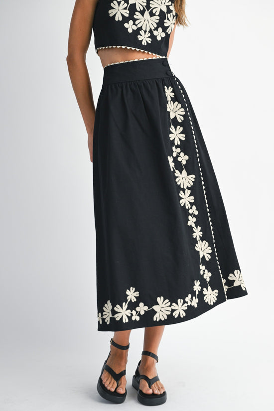 MABLE FLORAL EMBROIDERED WRAP MIDI SKIRT – BLACK/IVORY