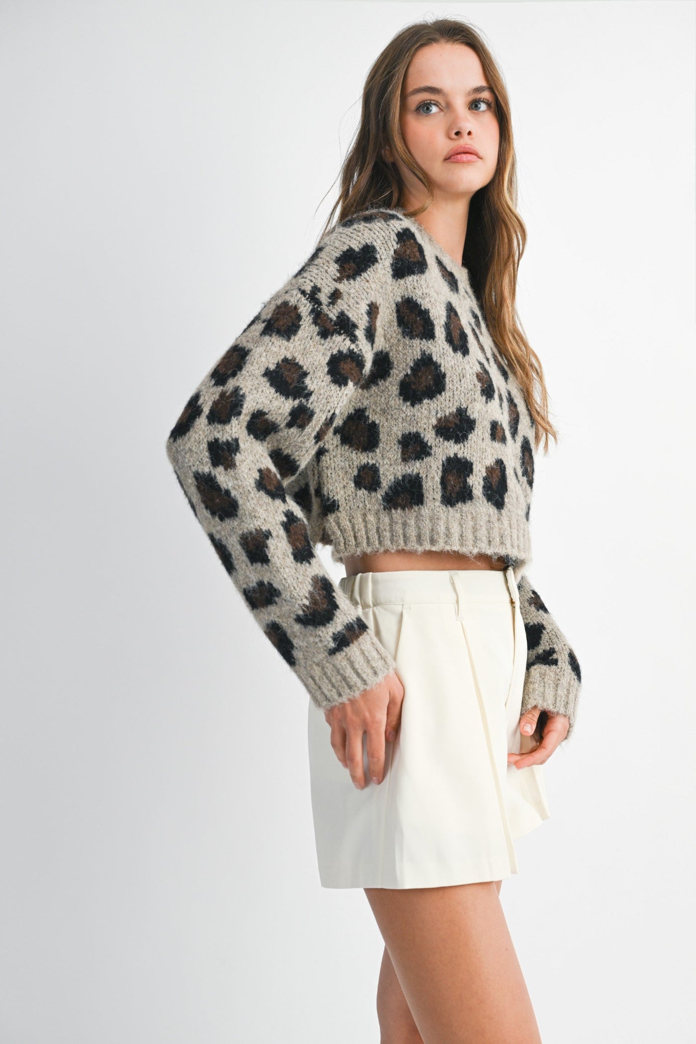 MABLE LEOPARD LONG SLEEVE PULLOVER KNIT CROP SWEATER TOP