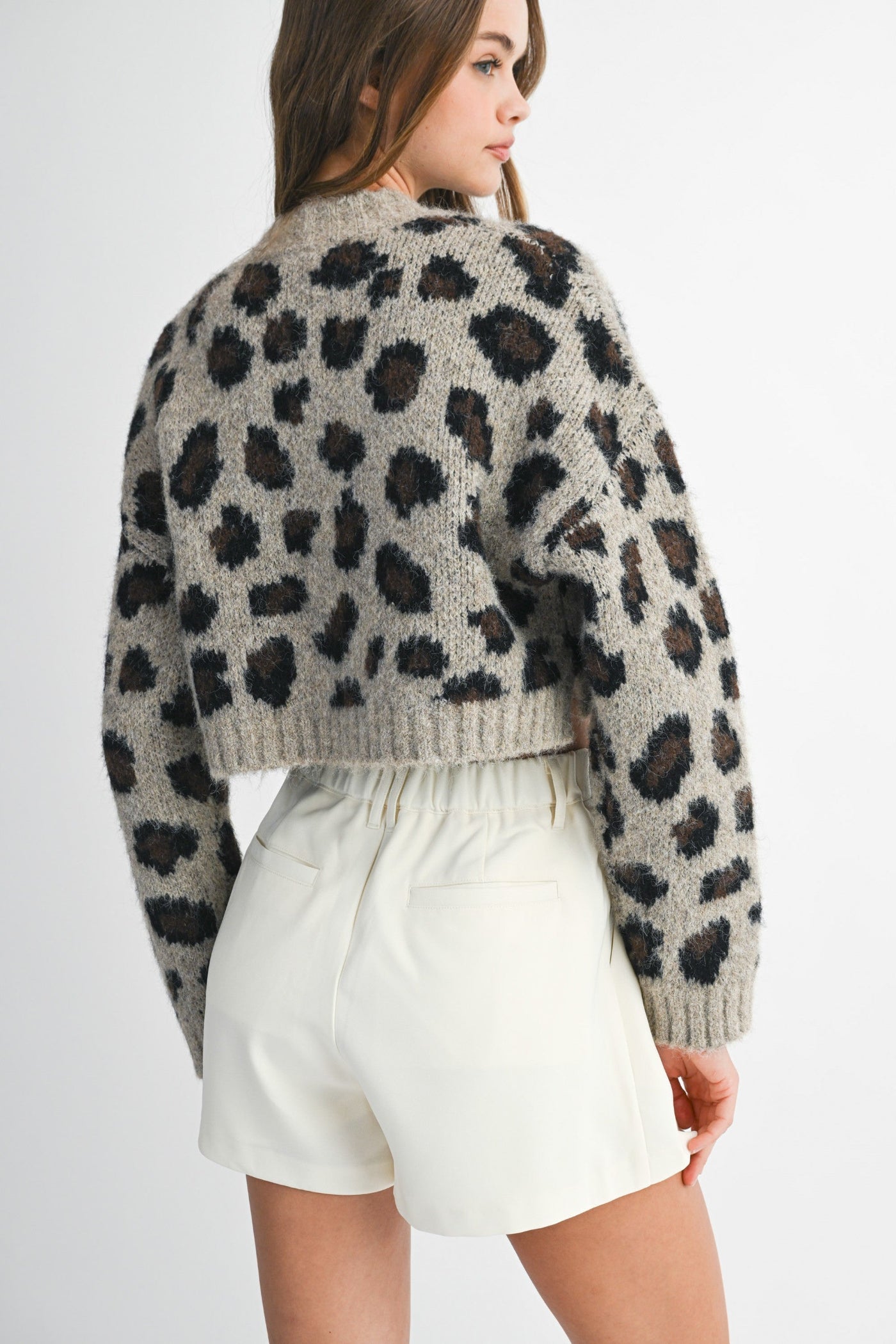 MABLE LEOPARD LONG SLEEVE PULLOVER KNIT CROP SWEATER TOP