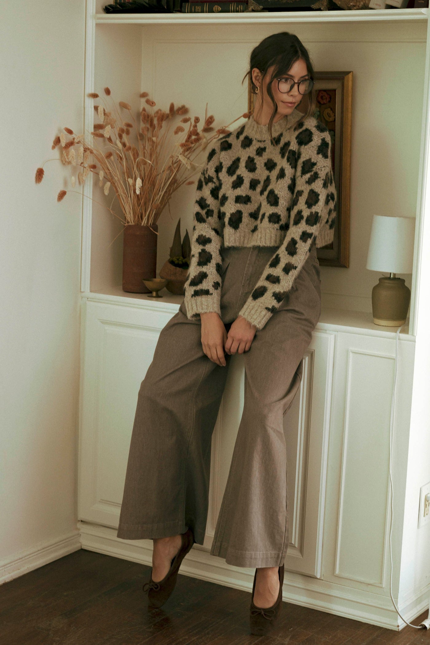 MABLE LEOPARD LONG SLEEVE PULLOVER KNIT CROP SWEATER TOP