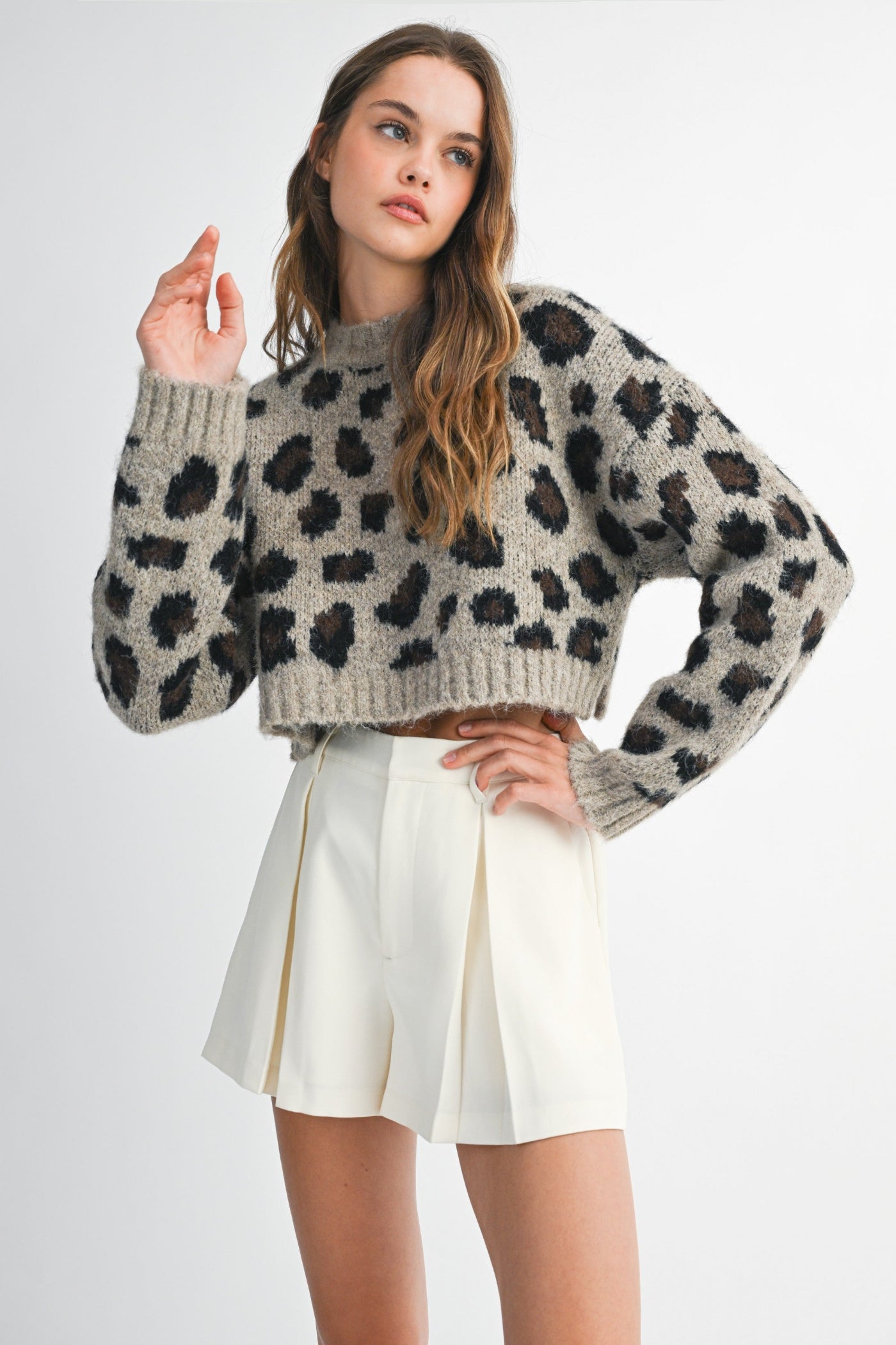 MABLE LEOPARD LONG SLEEVE PULLOVER KNIT CROP SWEATER TOP