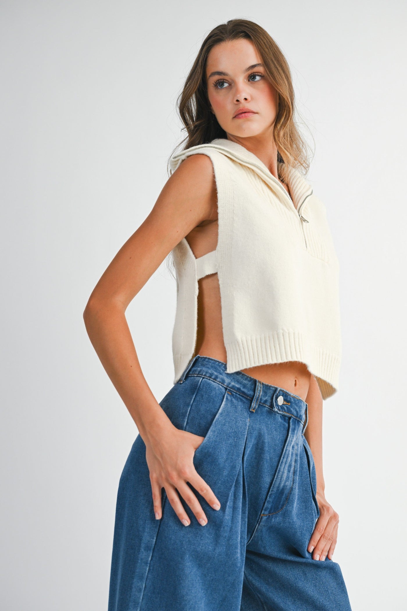 MABLE CREAM HALF ZIP-UP SIDE OPEN KNIT SWEATER VEST – MODERN LAYERING ESSENTIAL