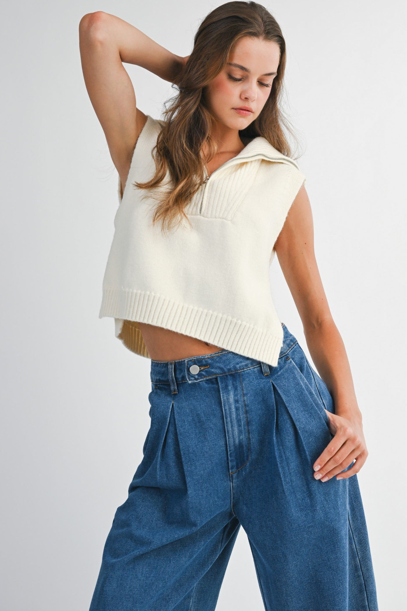 MABLE CREAM HALF ZIP-UP SIDE OPEN KNIT SWEATER VEST – MODERN LAYERING ESSENTIAL