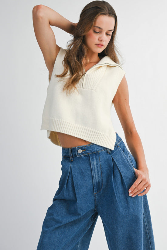 MABLE CREAM HALF ZIP-UP SIDE OPEN KNIT SWEATER VEST – MODERN LAYERING ESSENTIAL