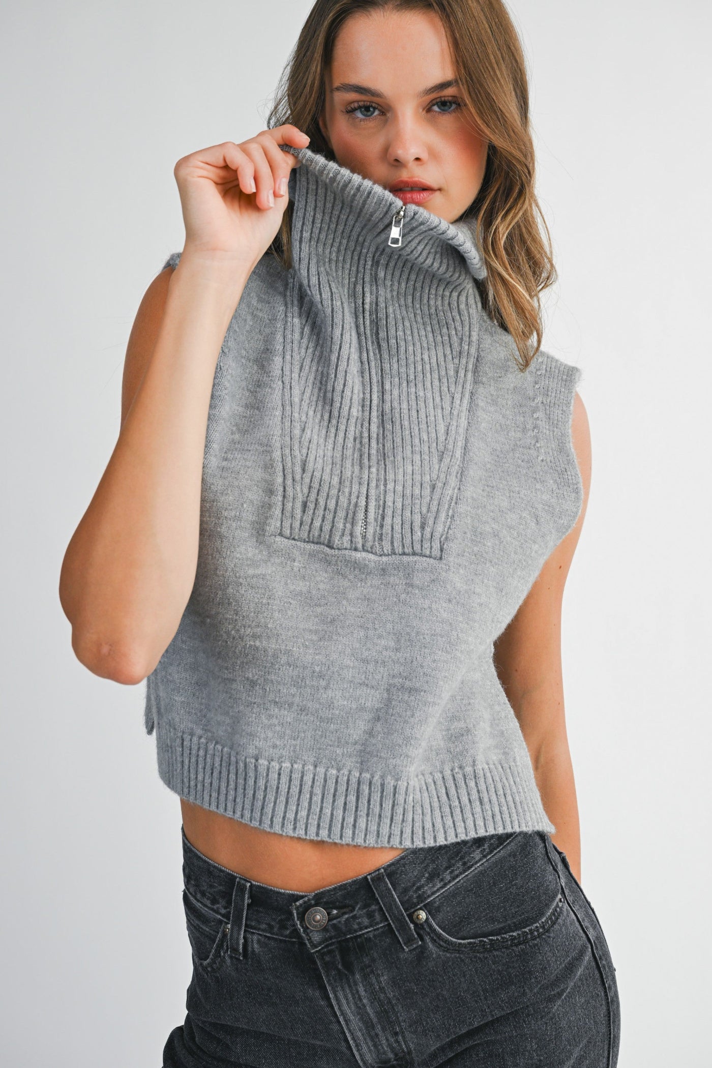 MABLE GREY HALF ZIP-UP SIDE OPEN KNIT SWEATER VEST – MODERN LAYERING ESSENTIAL