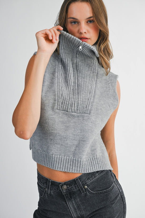 MABLE GREY HALF ZIP-UP SIDE OPEN KNIT SWEATER VEST – MODERN LAYERING ESSENTIAL