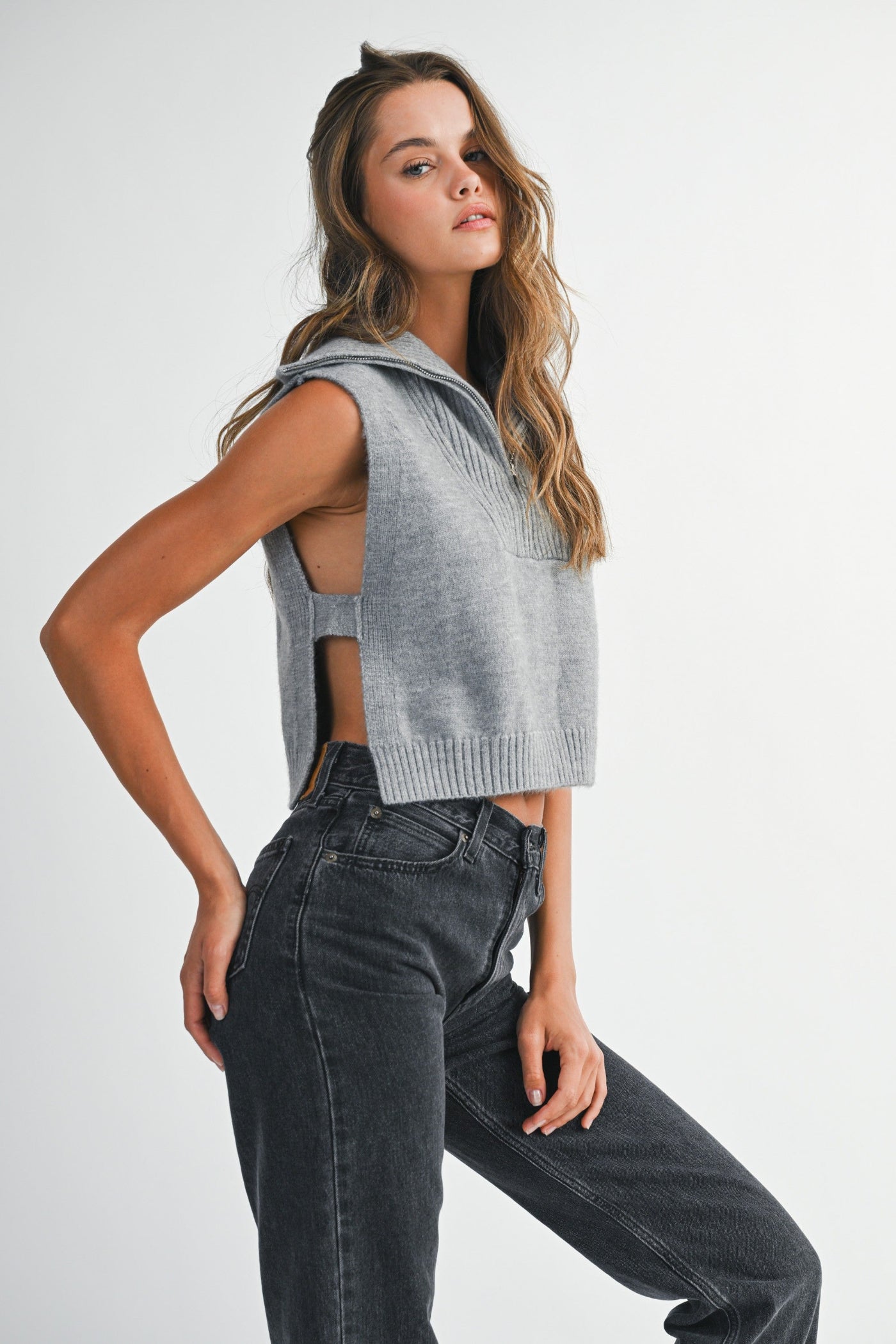 MABLE GREY HALF ZIP-UP SIDE OPEN KNIT SWEATER VEST – MODERN LAYERING ESSENTIAL