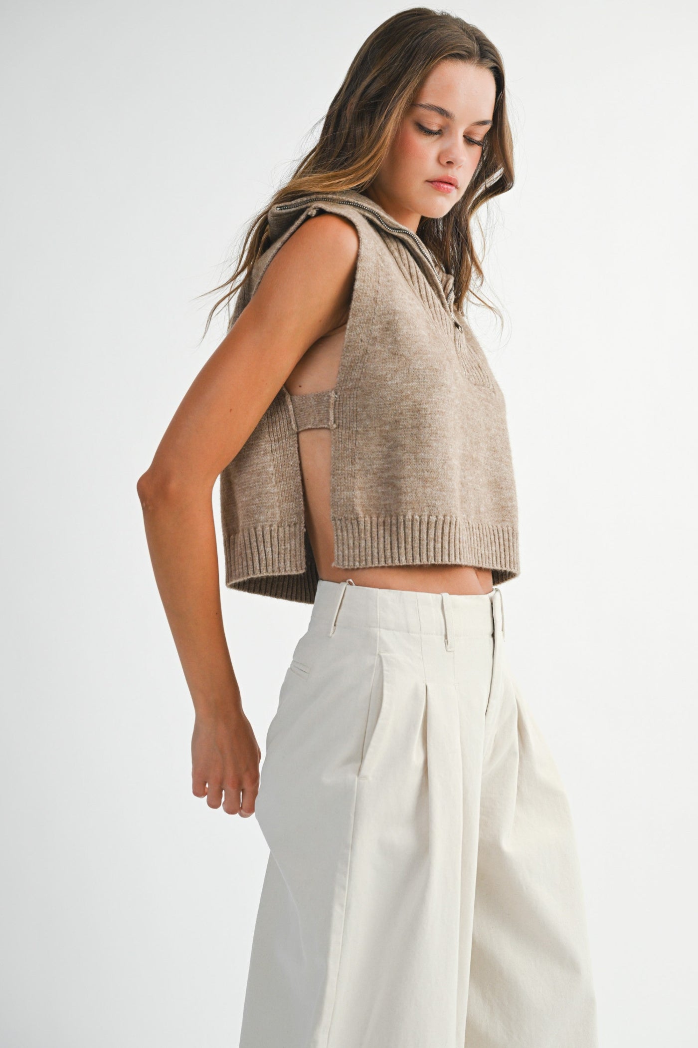 MABLE MOCHA HALF ZIP-UP SIDE OPEN KNIT SWEATER VEST – MODERN LAYERING ESSENTIAL