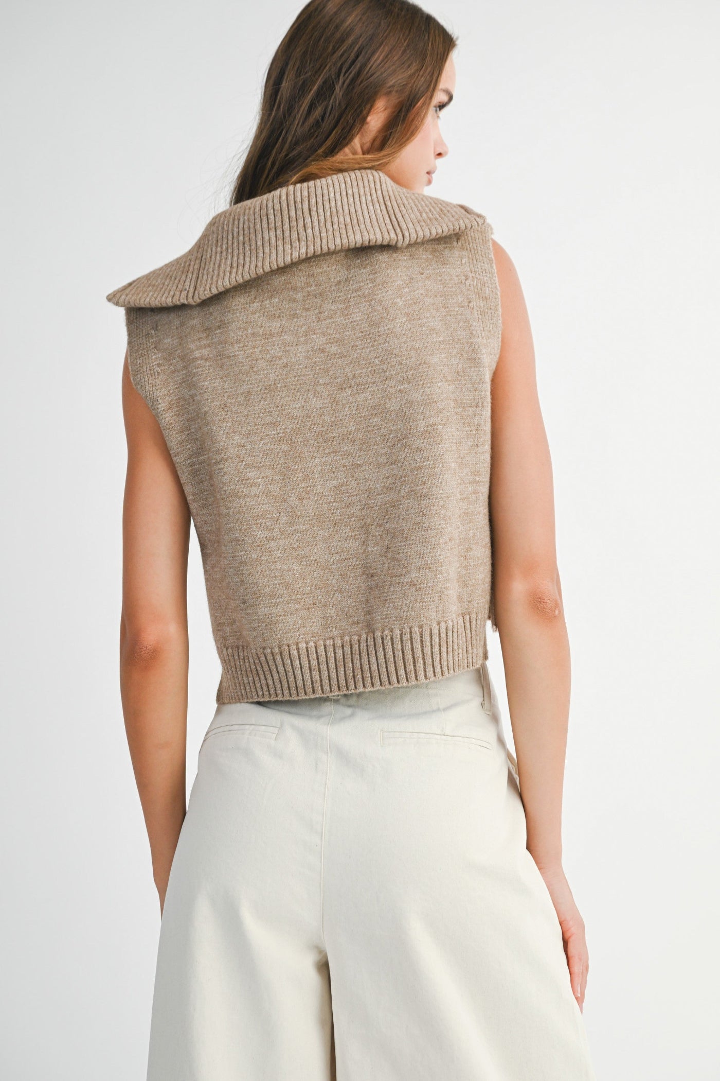 MABLE MOCHA HALF ZIP-UP SIDE OPEN KNIT SWEATER VEST – MODERN LAYERING ESSENTIAL