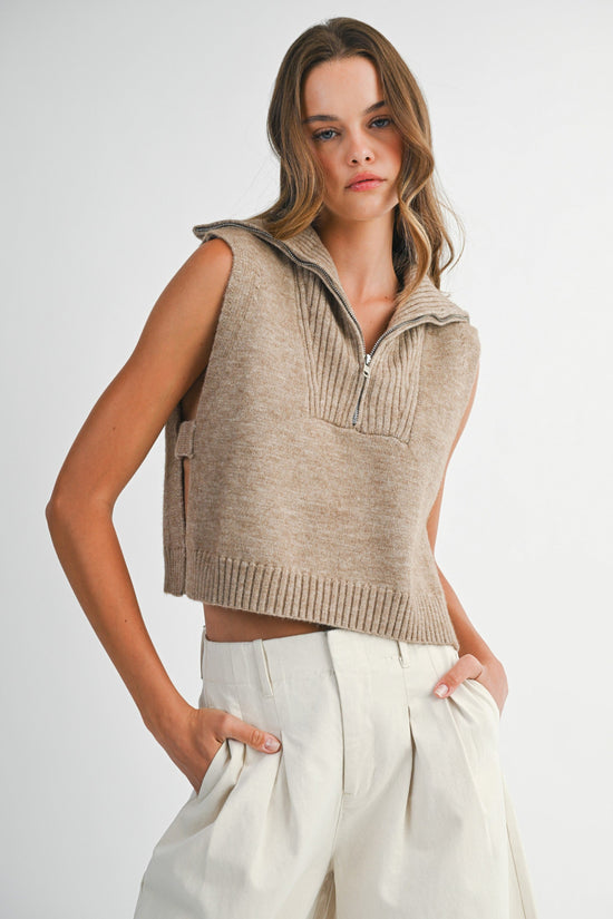 MABLE MOCHA HALF ZIP-UP SIDE OPEN KNIT SWEATER VEST – MODERN LAYERING ESSENTIAL
