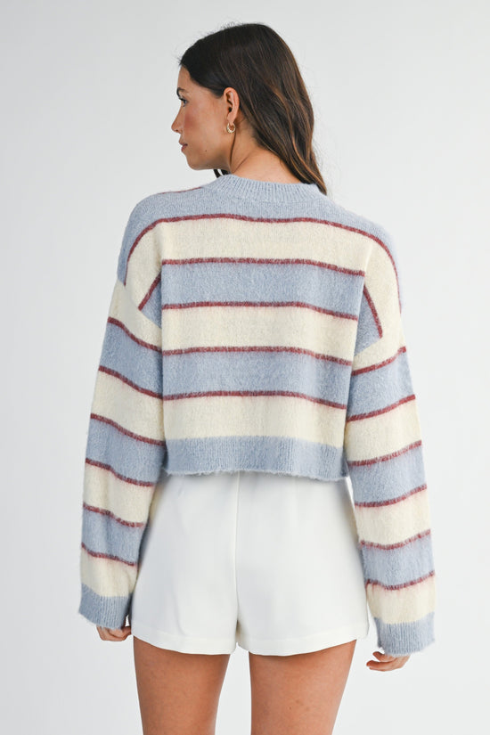 MABLE FUZZY STRIPE KNIT LONG SLEEVE CROP SWEATER TOP