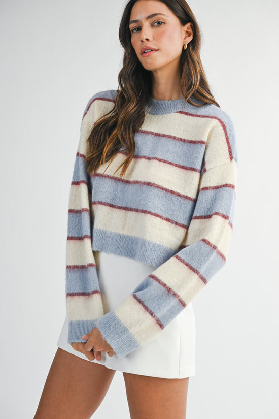 MABLE FUZZY STRIPE KNIT LONG SLEEVE CROP SWEATER TOP