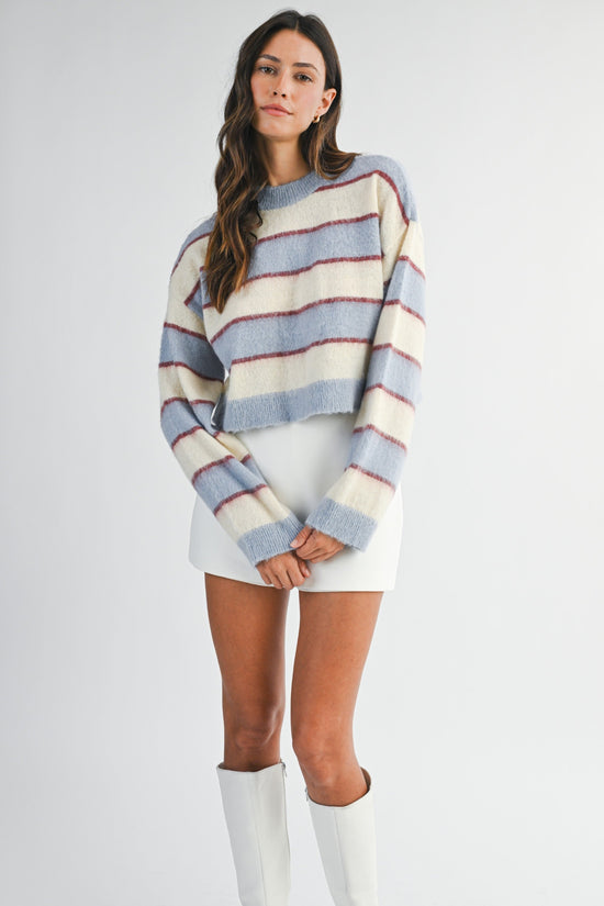 MABLE FUZZY STRIPE KNIT LONG SLEEVE CROP SWEATER TOP