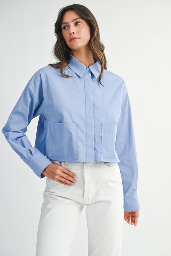MABLE SOLID LONG SLEEVE COLLAR BUTTON DOWN CROP SHIRT