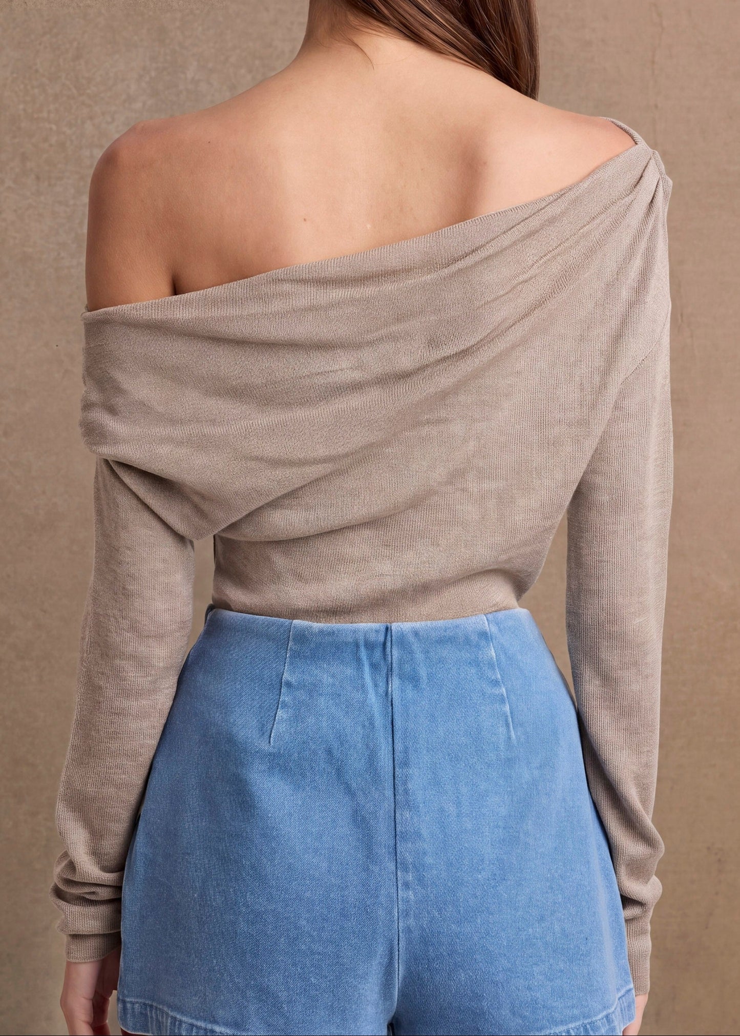 Mocha Knit One Shoulder Asymmetrical Neck Long Sleeves Draped Top