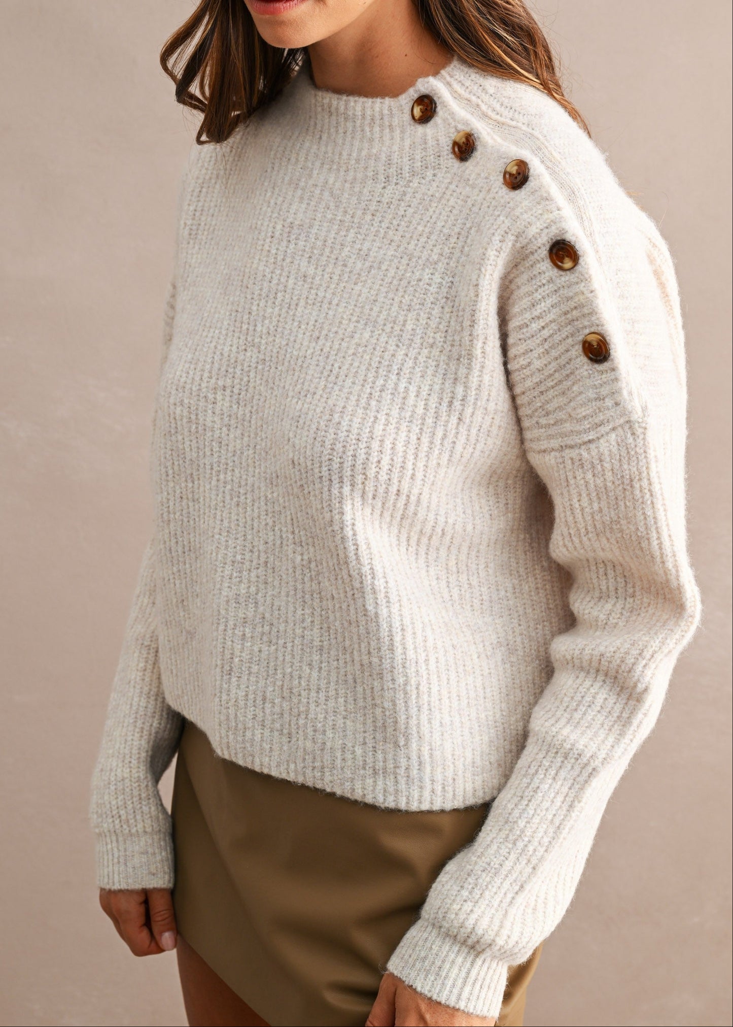 Blush Knit Shoulder Button Details Long Sleeve Cropped Sweater Top