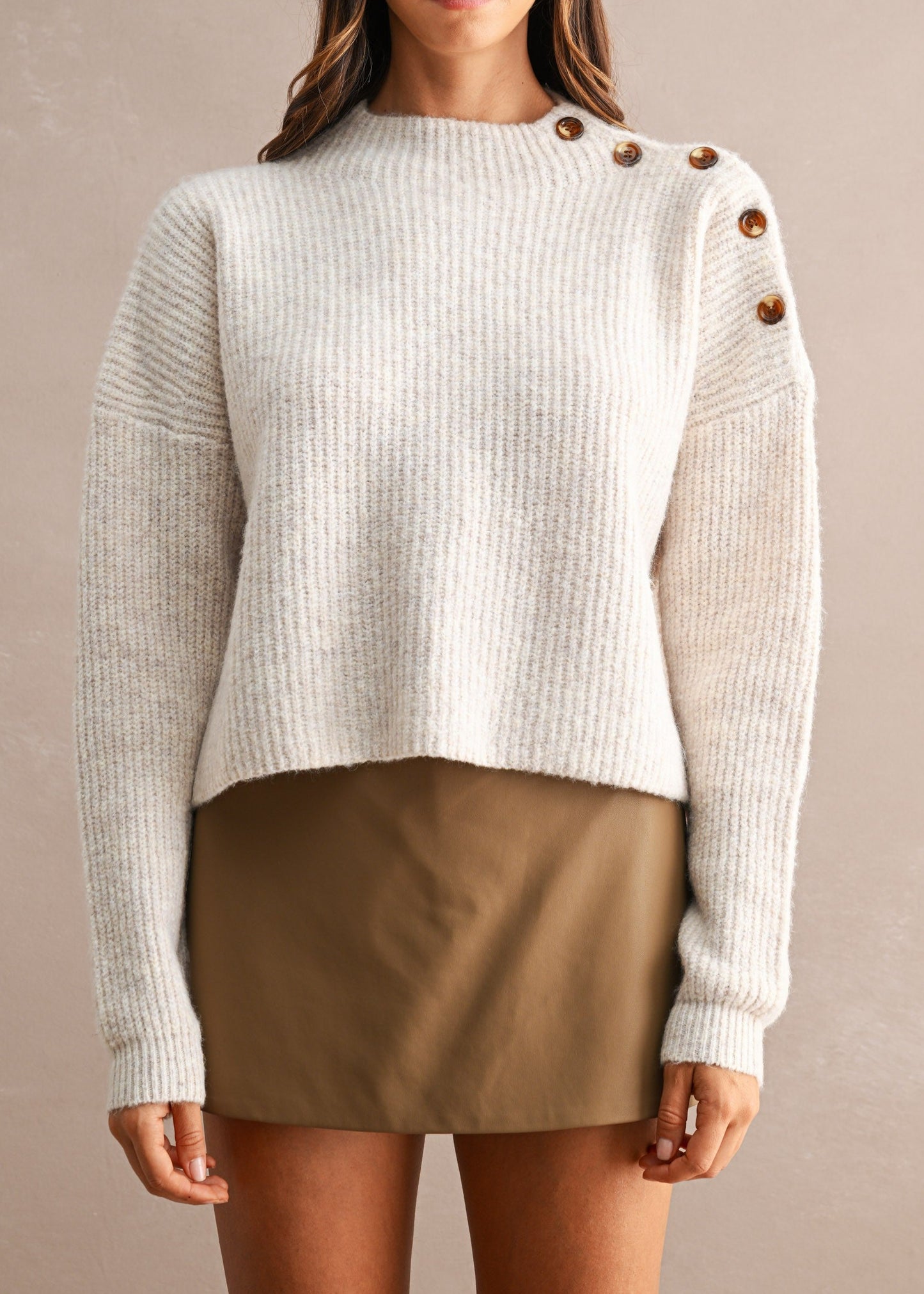 Blush Knit Shoulder Button Details Long Sleeve Cropped Sweater Top