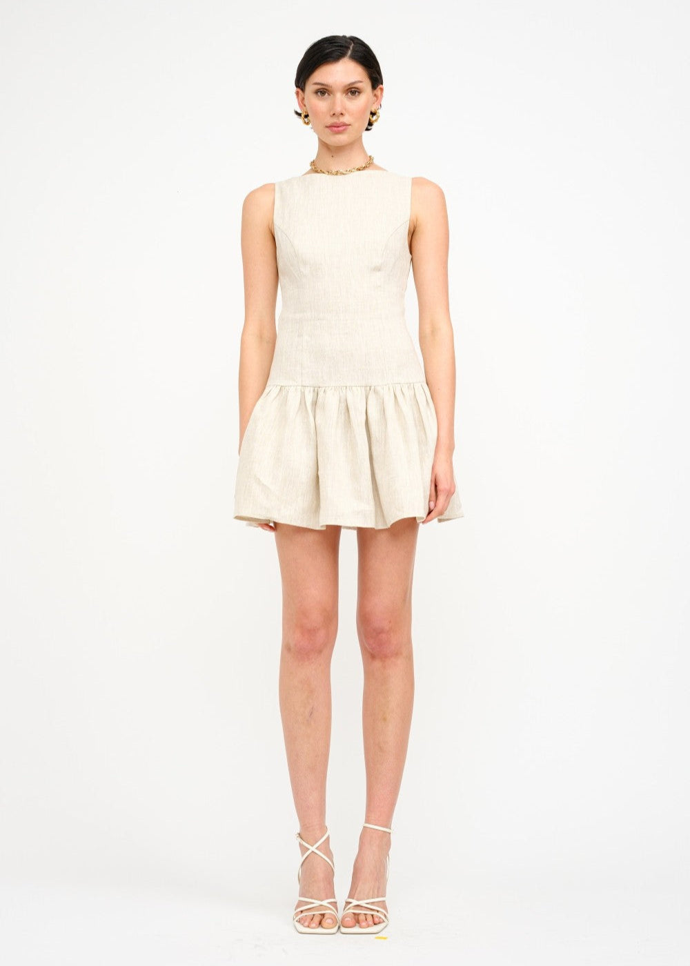SOFIE THE LABEL THE MADELYN MINI DRESS – A SLEEVELESS LINEN DROP-WAIST MINI WITH A BOAT NECK AND ELEGANT BACK DETAIL NATURAL COLOR