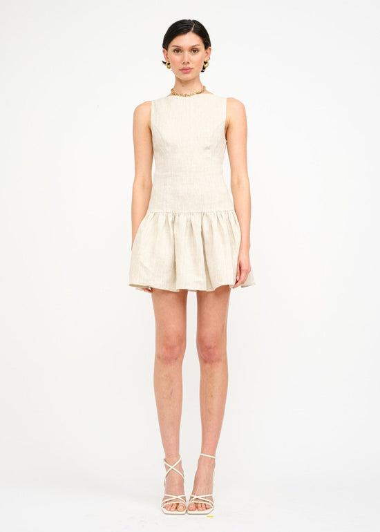SOFIE THE LABEL THE MADELYN MINI DRESS – A SLEEVELESS LINEN DROP-WAIST MINI WITH A BOAT NECK AND ELEGANT BACK DETAIL NATURAL COLOR