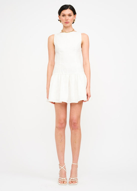 SOFIE THE LABEL THE MADELYN MINI DRESS – A SLEEVELESS LINEN DROP-WAIST MINI WITH A BOAT NECK AND ELEGANT BACK DETAIL WHITE COLOR