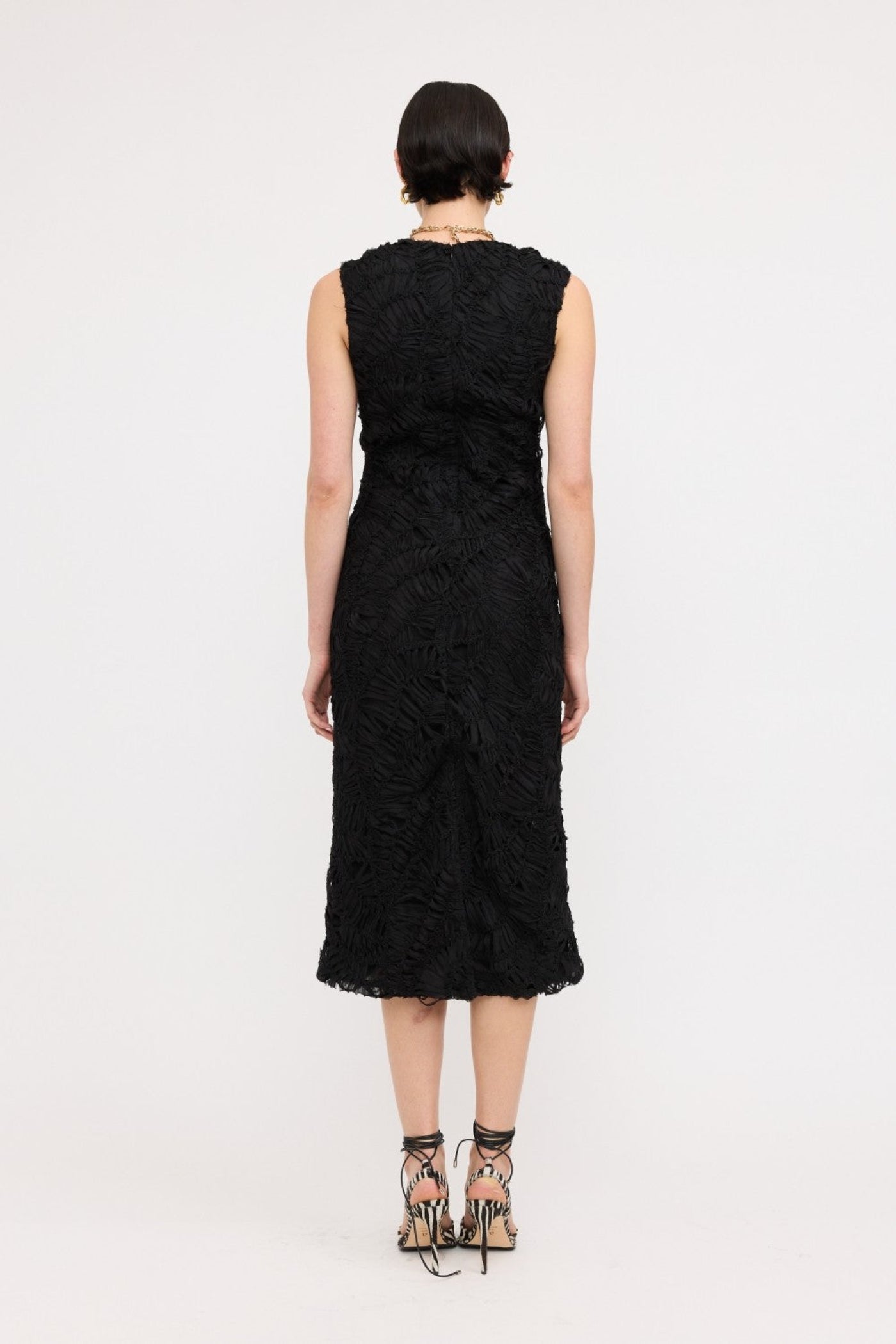 SOFIE THE LABEL CLEO BLACK SLEEVELESS TEXTURED MIDI DRESS