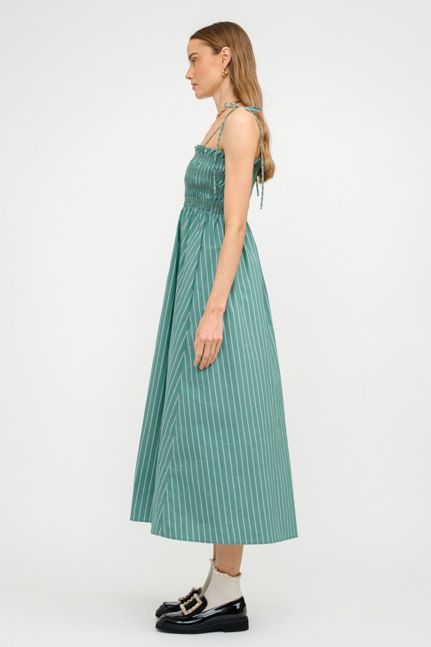 THE RUBY MIDI DRESS STRIPED SMOCKED TOP GREEN DRESS FLOWY VACATION BRUNCH BEACH DRESS