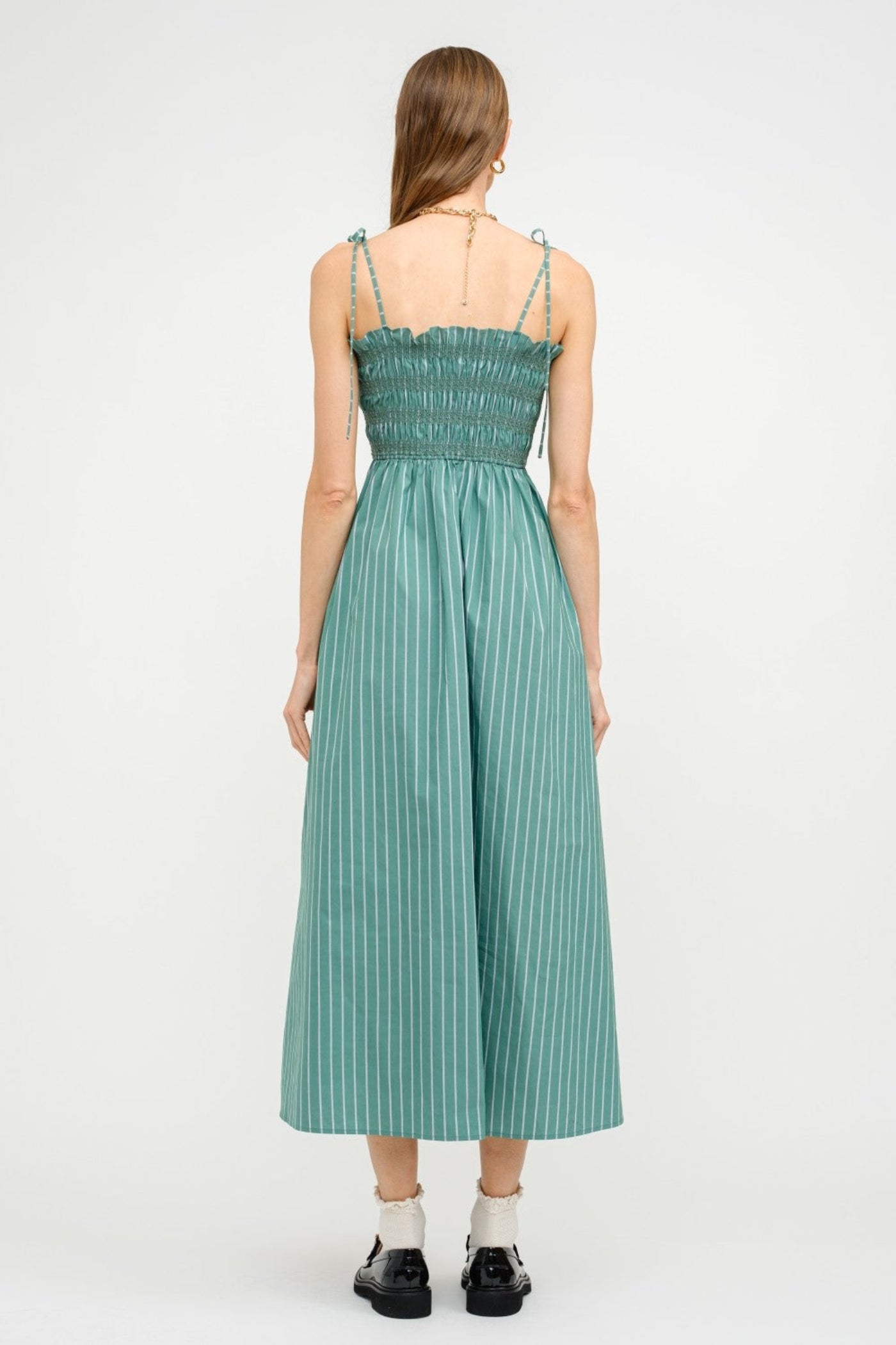THE RUBY MIDI DRESS STRIPED SMOCKED TOP GREEN DRESS
