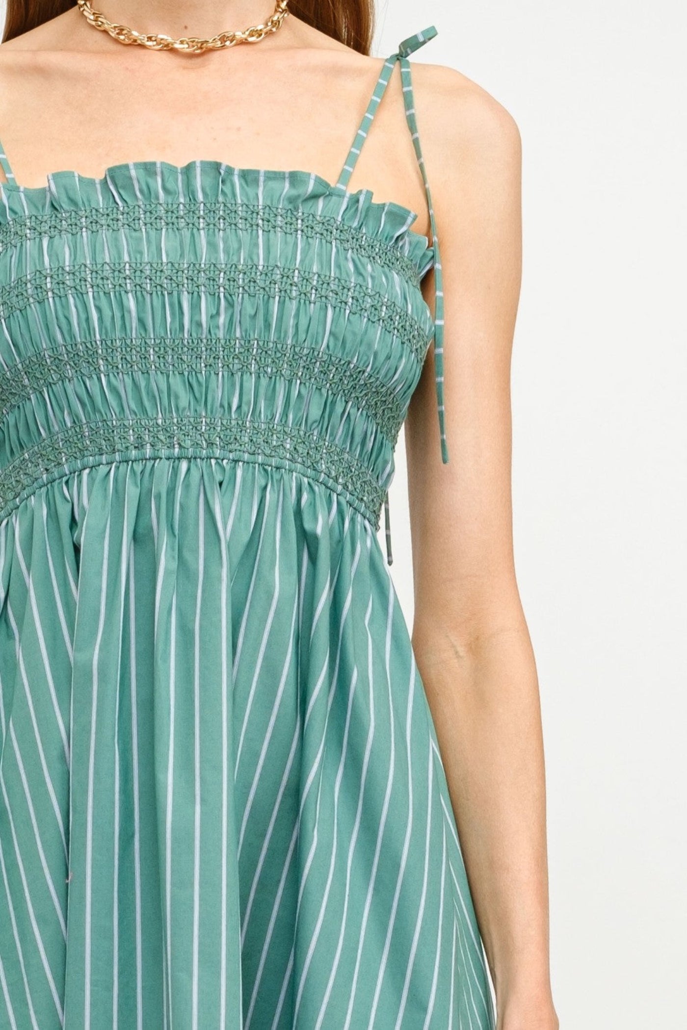 THE RUBY MIDI DRESS STRIPED SMOCKED TOP GREEN DRESS 