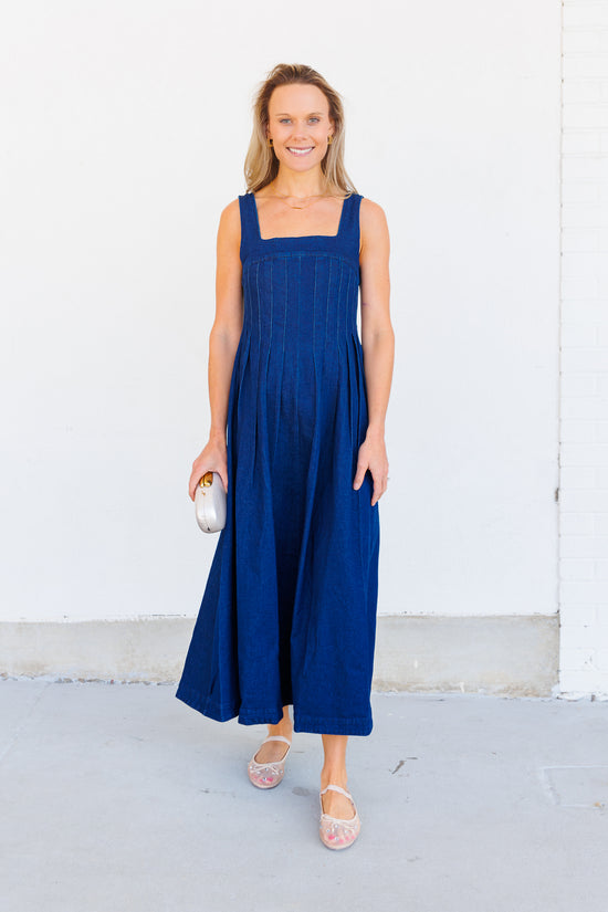 SKIES ARE BLUE MIDI DENIM PLEATED DRESS