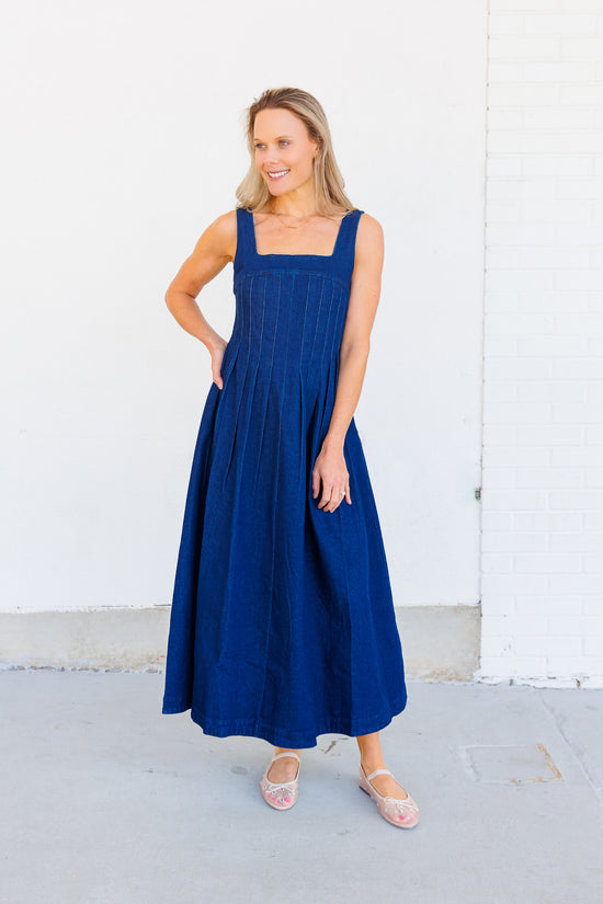 SKIES ARE BLUE CORSET DENIM PLEATED DRESS