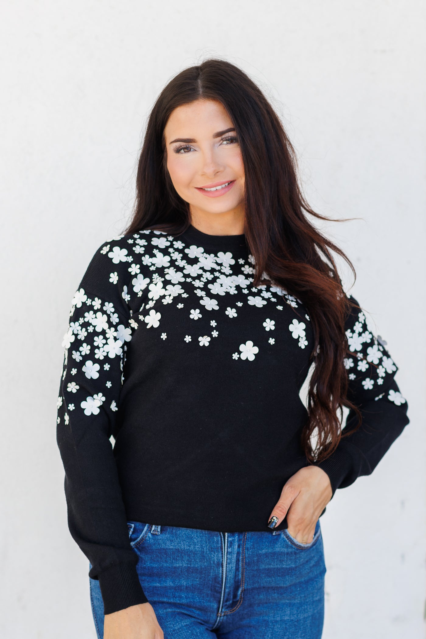 FLORAL EMBELLISHED LONG SLEEVE SWEATER