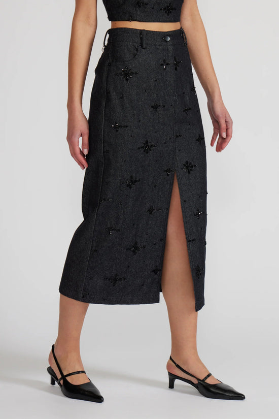 BEADED DENIM MIDI SKIRT