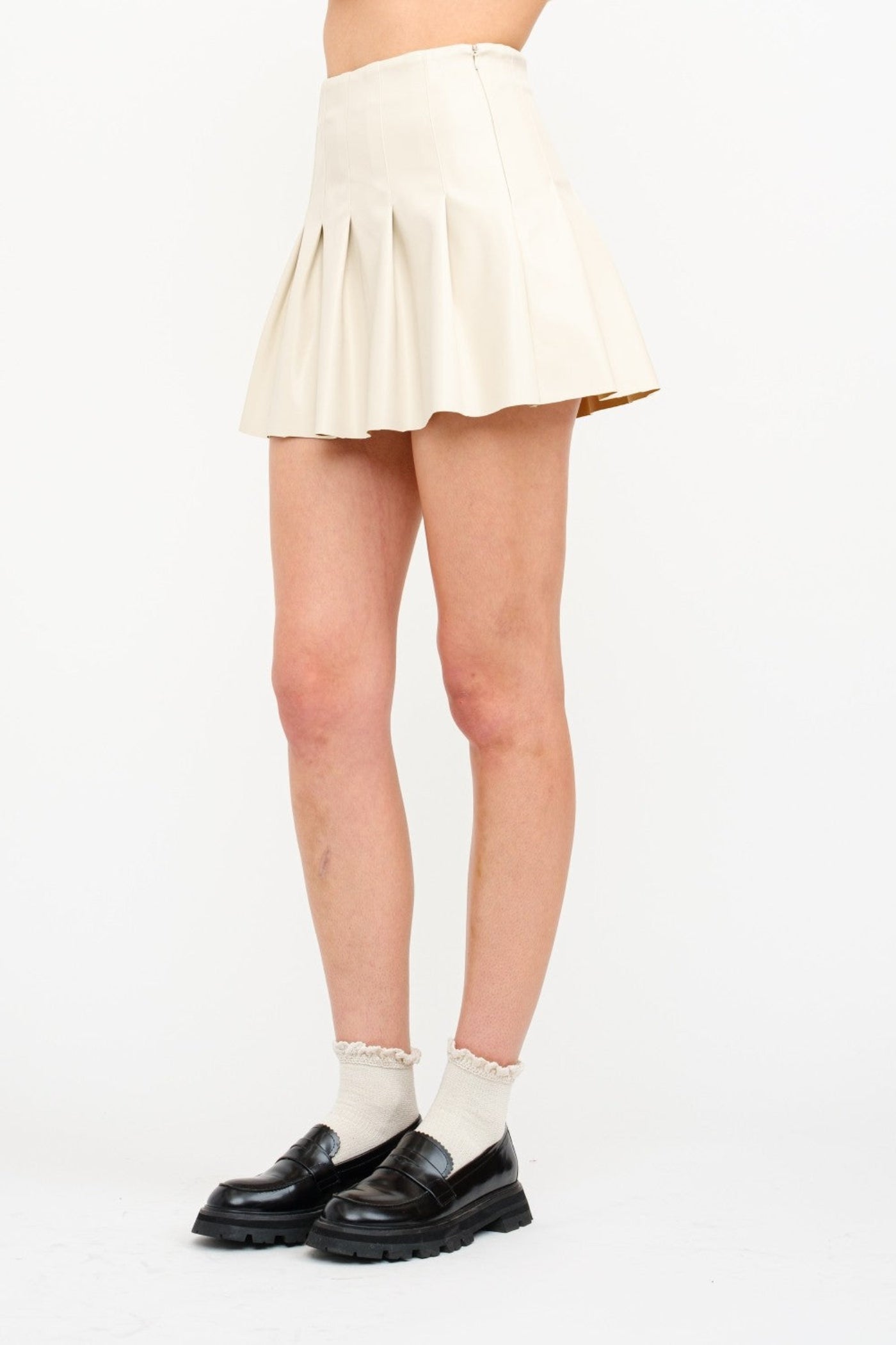 SOFIE THE LABEL ARIA IVORY VEGAN LEATHER MINI PLEATED SKIRT