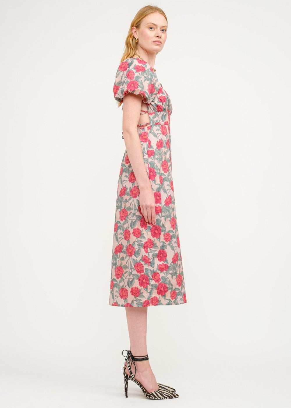 SOFIE THE LABEL THE SYLVIA RED DRESS – A FLORAL COTTON-POPLIN MIDI WITH PUFF SLEEVES AND A TIE-BACK DETAIL