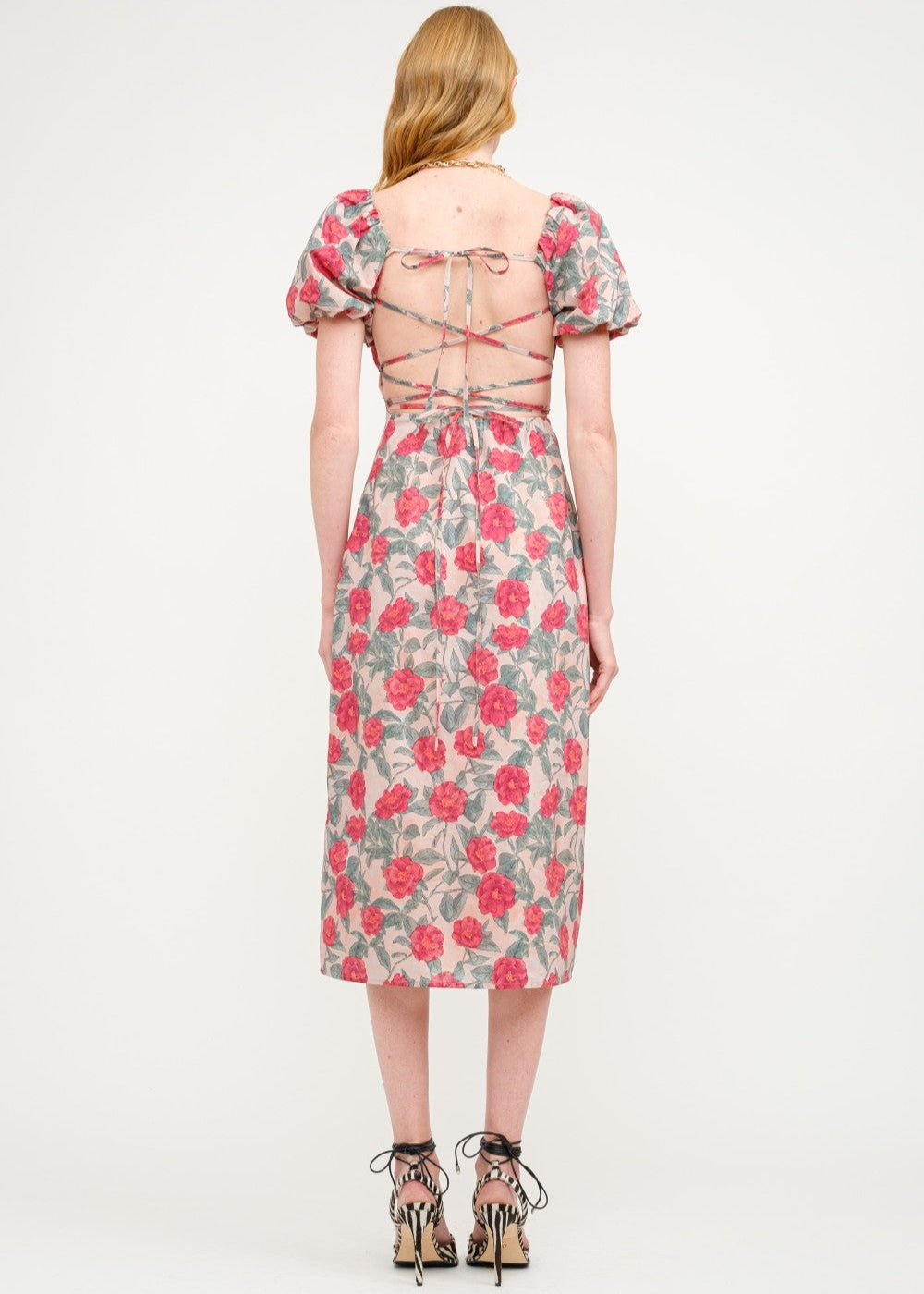 SOFIE THE LABEL THE SYLVIA RED DRESS – A FLORAL COTTON-POPLIN MIDI WITH PUFF SLEEVES AND A TIE-BACK DETAIL