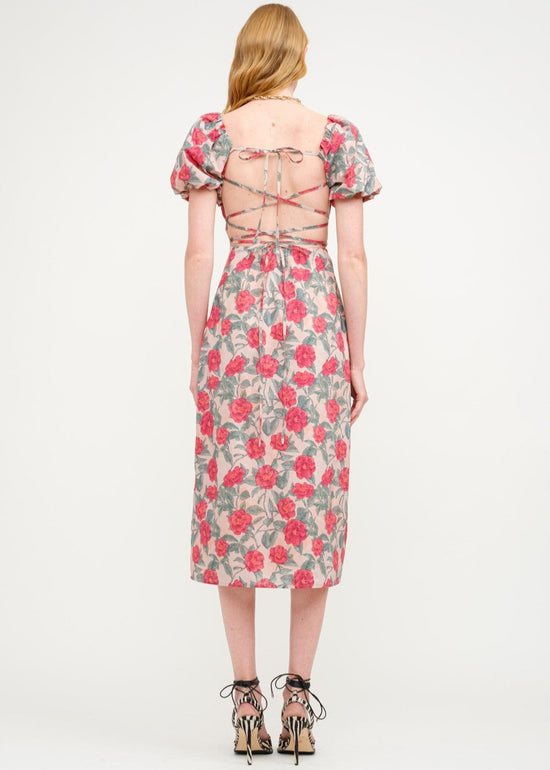 SOFIE THE LABEL THE SYLVIA RED DRESS – A FLORAL COTTON-POPLIN MIDI WITH PUFF SLEEVES AND A TIE-BACK DETAIL