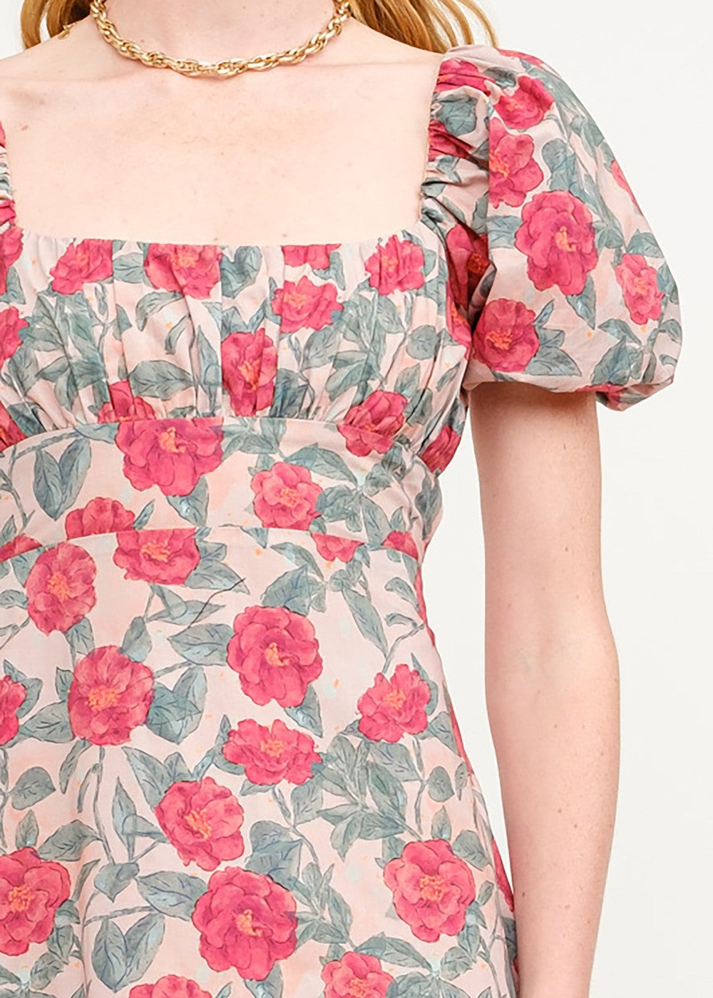 SOFIE THE LABEL THE SYLVIA RED DRESS – A FLORAL COTTON-POPLIN MIDI WITH PUFF SLEEVES AND A TIE-BACK DETAIL