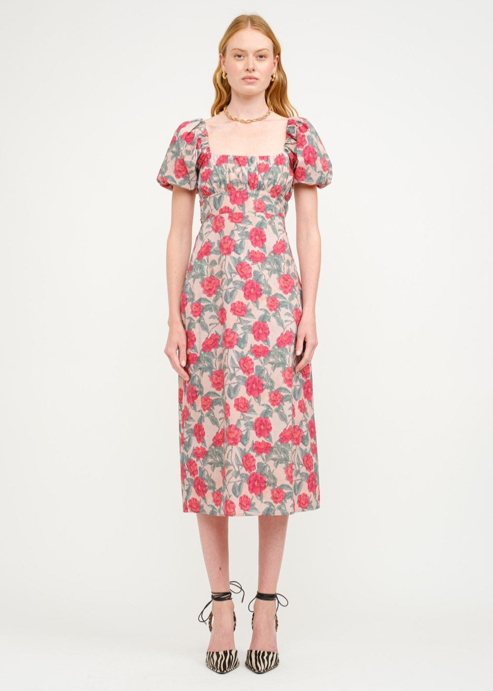 SOFIE THE LABEL THE SYLVIA RED DRESS – A FLORAL COTTON-POPLIN MIDI WITH PUFF SLEEVES AND A TIE-BACK DETAIL