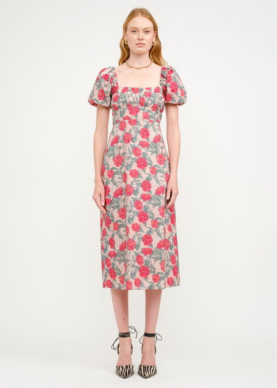 SOFIE THE LABEL THE SYLVIA RED DRESS – A FLORAL COTTON-POPLIN MIDI WITH PUFF SLEEVES AND A TIE-BACK DETAIL