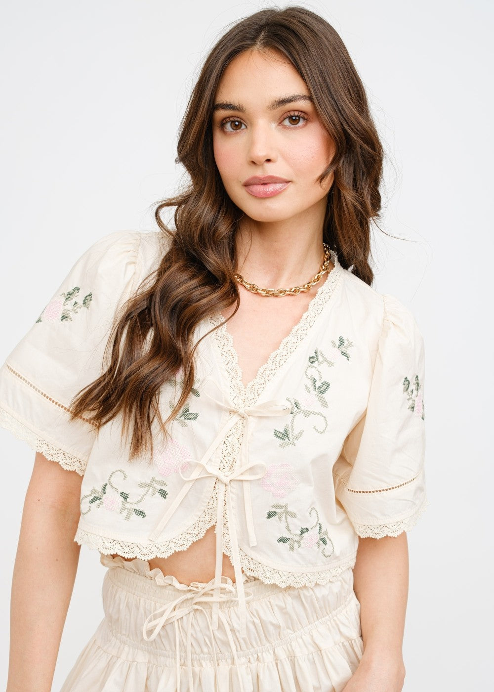SOFIE THE LABEL THE SIVAN CREAM BLOUSE – A COTTON-POPLIN CROPPED BLOUSE WITH DELICATE FLORAL EMBROIDERY