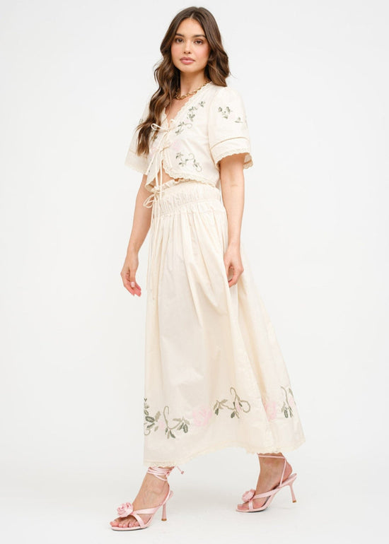 SOFIE THE LABEL THE SIVAN CREAM SKIRT – A COTTON-POPLIN MIDI SKIRT WITH INTRICATE FLORAL EMBROIDERY AND ADJUSTABLE DRAWSTRING WAIST