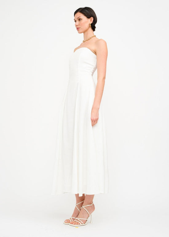 SOFIE THE LABEL THE CHARLIE OFF WHITE DRESS – A LINEN-BLEND STRAPLESS MIDI WITH A FLATTERING FIT-AND-FLARE SILHOUETTE
