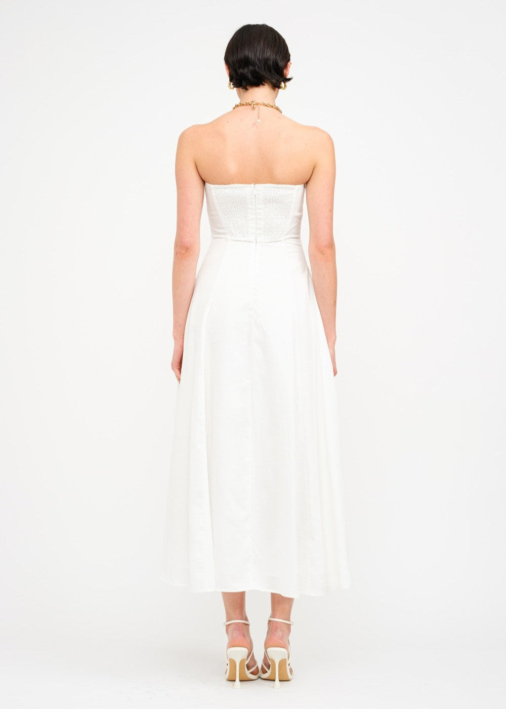 SOFIE THE LABEL THE CHARLIE OFF WHITE DRESS – A LINEN-BLEND STRAPLESS MIDI WITH A FLATTERING FIT-AND-FLARE SILHOUETTE