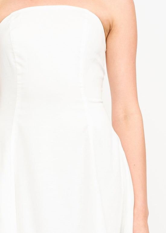 SOFIE THE LABEL THE CHARLIE OFF WHITE DRESS – A LINEN-BLEND STRAPLESS MIDI WITH A FLATTERING FIT-AND-FLARE SILHOUETTE