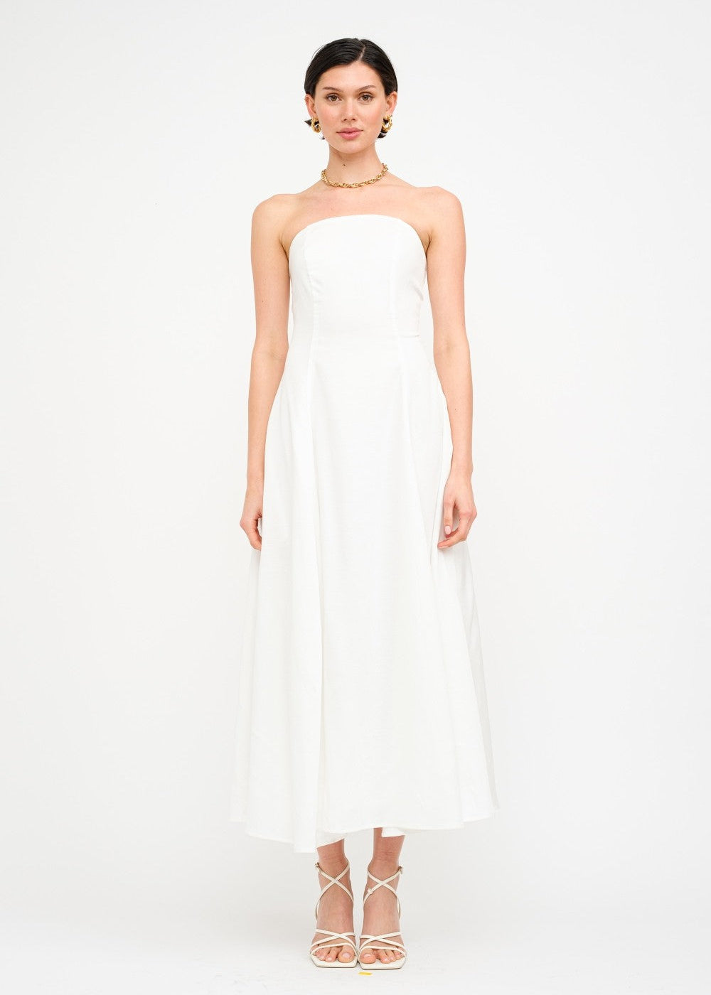 SOFIE THE LABEL THE CHARLIE OFF WHITE DRESS – A LINEN-BLEND STRAPLESS MIDI WITH A FLATTERING FIT-AND-FLARE SILHOUETTE