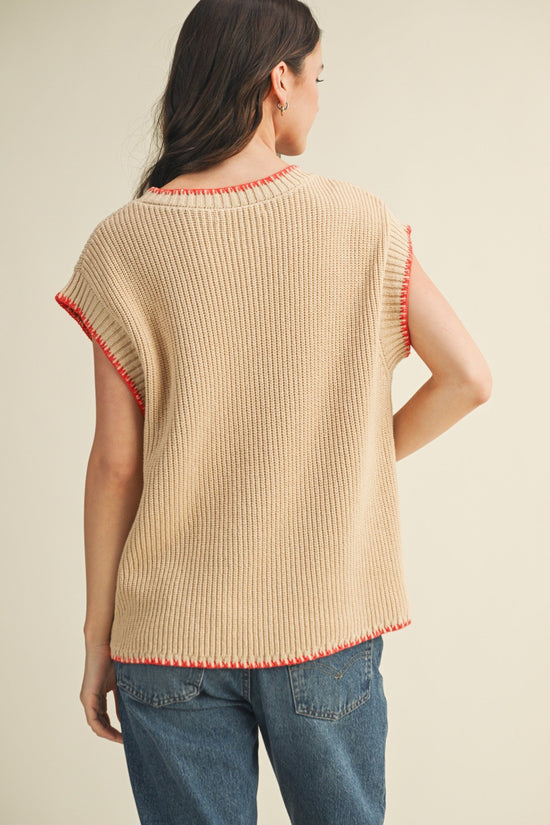 MUSTARD SEED WHIP STITCH ROUND NECK SWEATER VEST