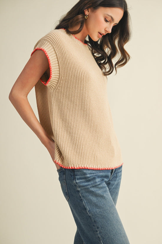 MUSTARD SEED WHIP STITCH ROUND NECK SWEATER VEST