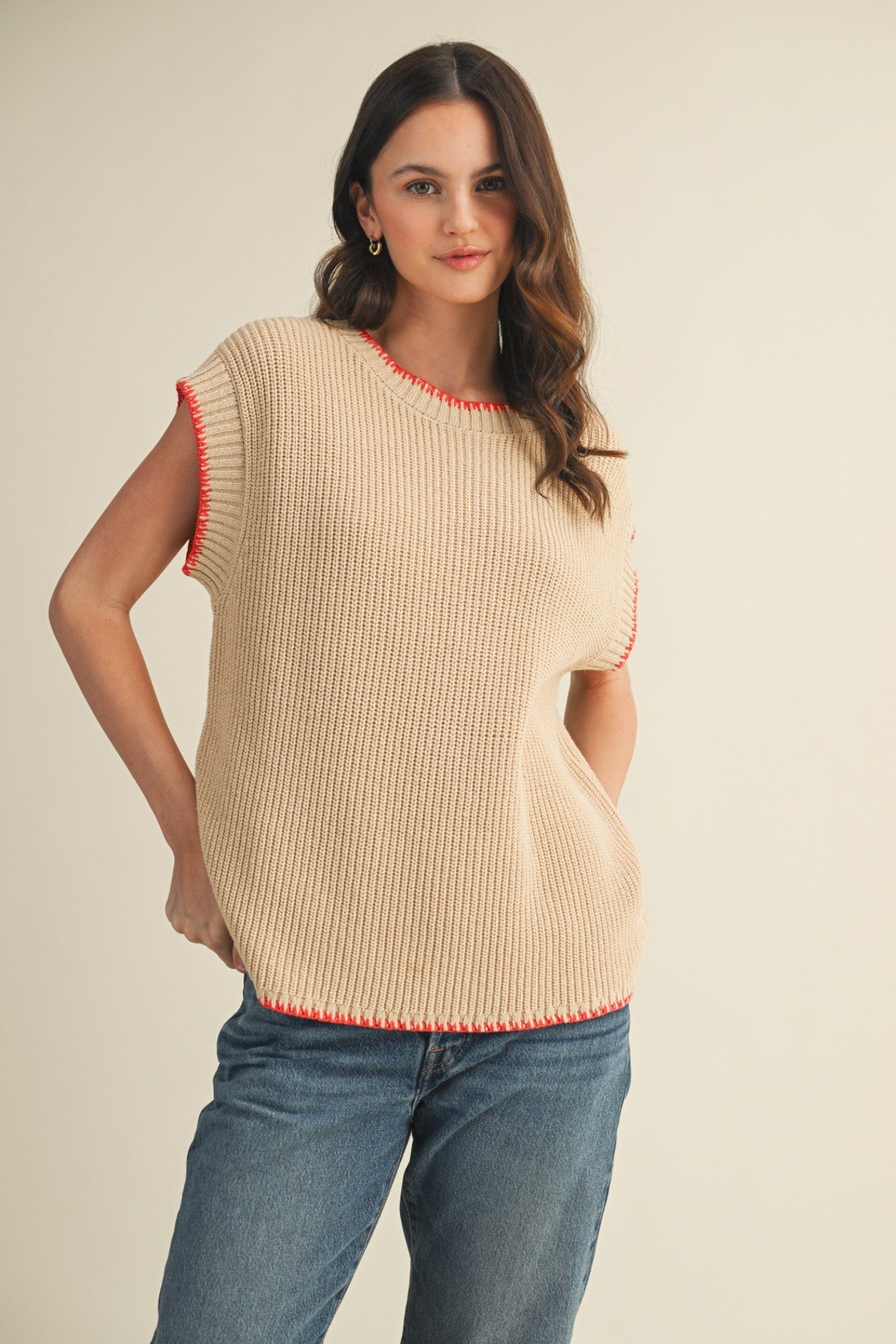 MUSTARD SEED WHIP STITCH ROUND NECK SWEATER VEST